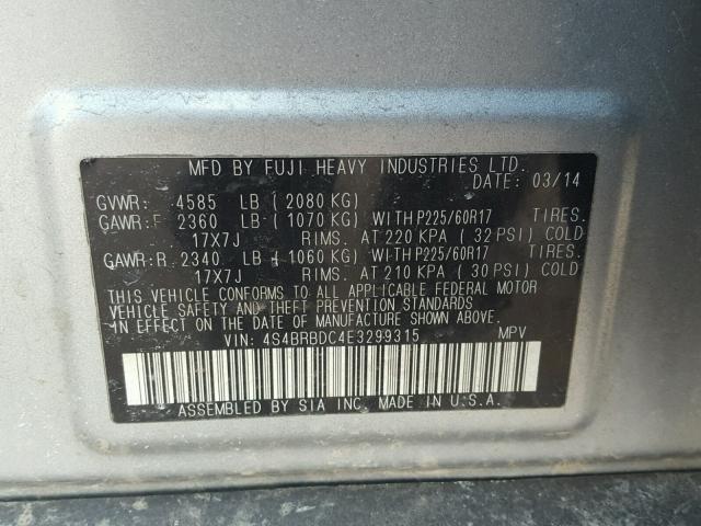 4S4BRBDC4E3299315 - 2014 SUBARU OUTBACK 2. SILVER photo 10