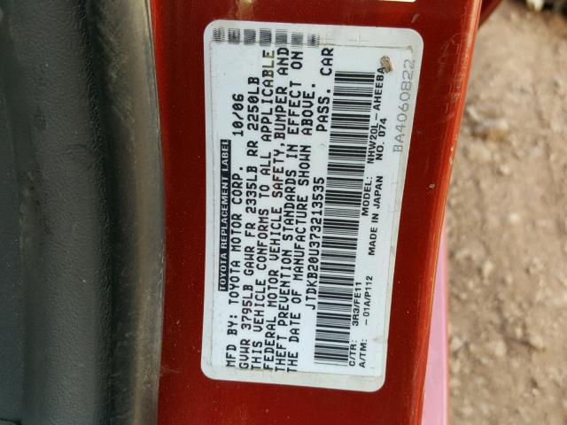 JTDKB20U373213535 - 2007 TOYOTA PRIUS RED photo 10