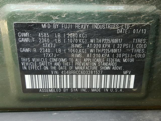 4S4BRBCC6D3281527 - 2013 SUBARU OUTBACK 2. GREEN photo 10