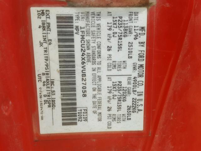 1FMCU24X6VUB27058 - 1997 FORD EXPLORER RED photo 10