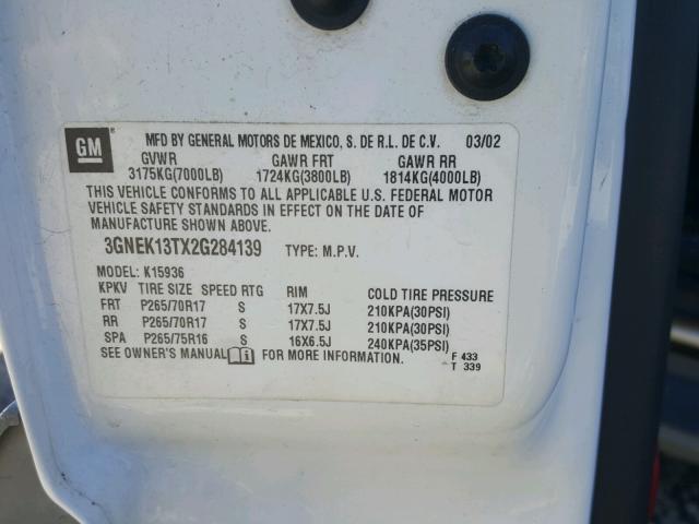 3GNEK13TX2G284139 - 2002 CHEVROLET AVALANCHE WHITE photo 10