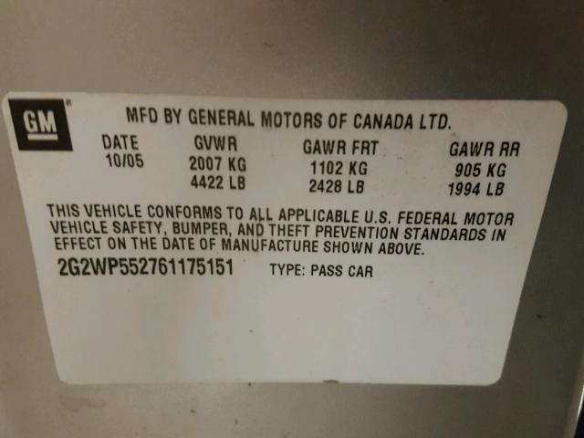 2G2WP552761175151 - 2006 PONTIAC GRAND PRIX GRAY photo 10