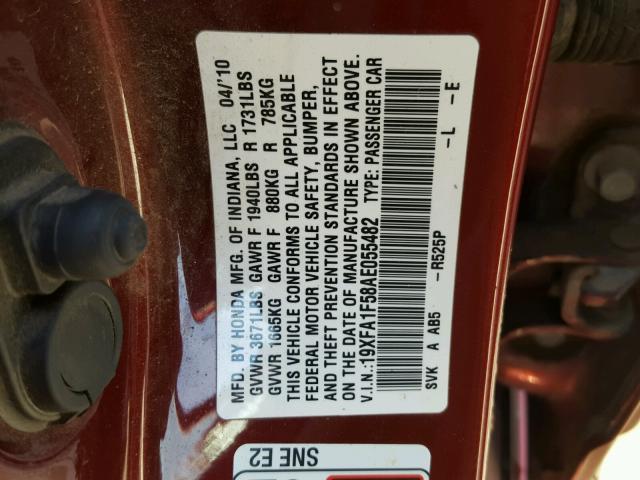 19XFA1F58AE055482 - 2010 HONDA CIVIC LX RED photo 10