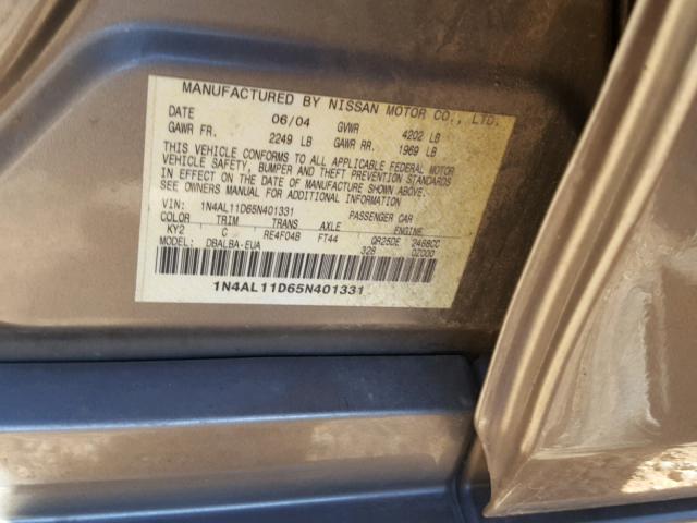 1N4AL11D65N401331 - 2005 NISSAN ALTIMA S GOLD photo 10