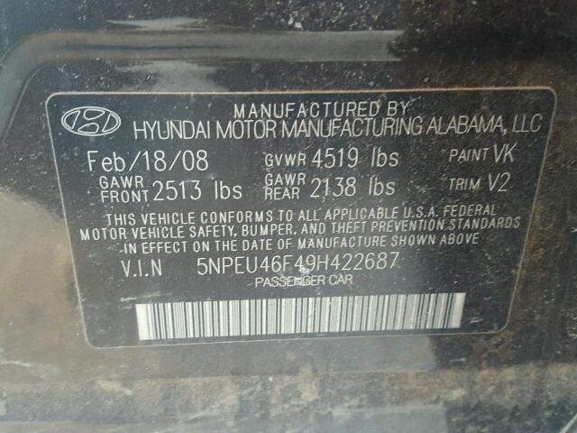 5NPEU46F49H422687 - 2009 HYUNDAI SONATA SE BLACK photo 10