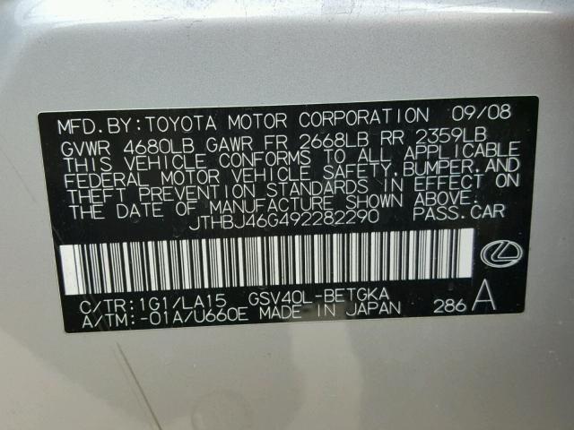 JTHBJ46G492282290 - 2009 LEXUS ES 350 SILVER photo 10