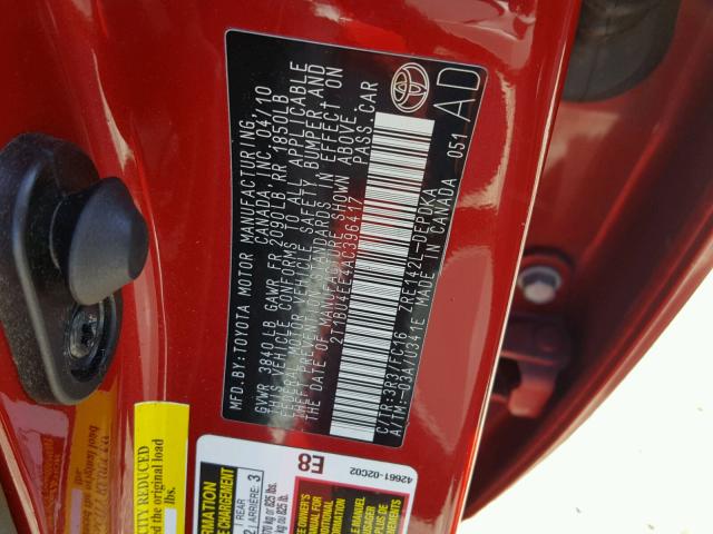 2T1BU4EE4AC396417 - 2010 TOYOTA COROLLA BA RED photo 10