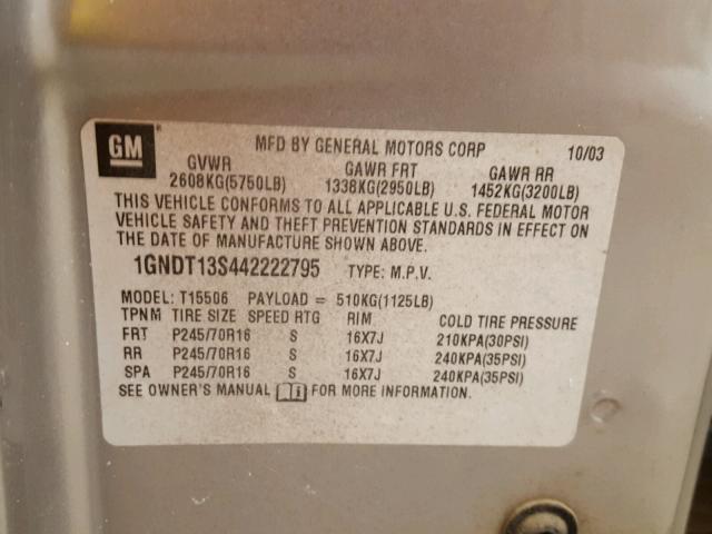 1GNDT13S442222795 - 2004 CHEVROLET TRAILBLAZE SILVER photo 10