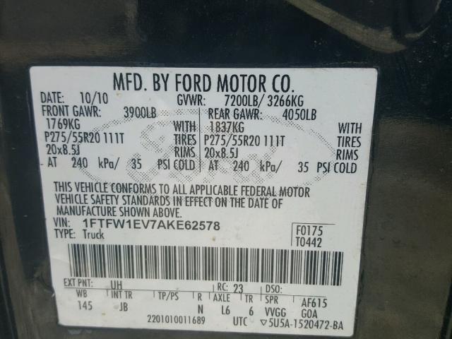 1FTFW1EV7AKE62578 - 2010 FORD F150 SUPER BLACK photo 10