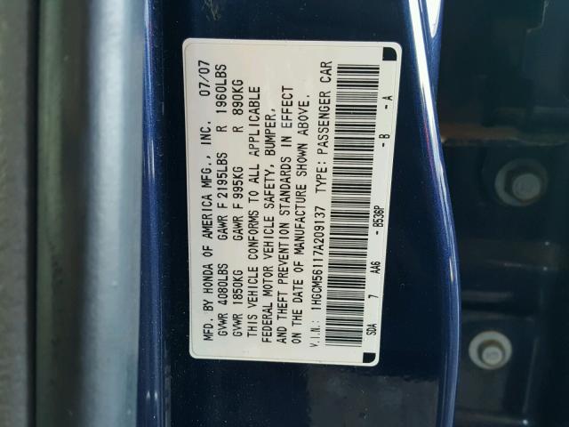 1HGCM56117A209137 - 2007 HONDA ACCORD VAL BLUE photo 10