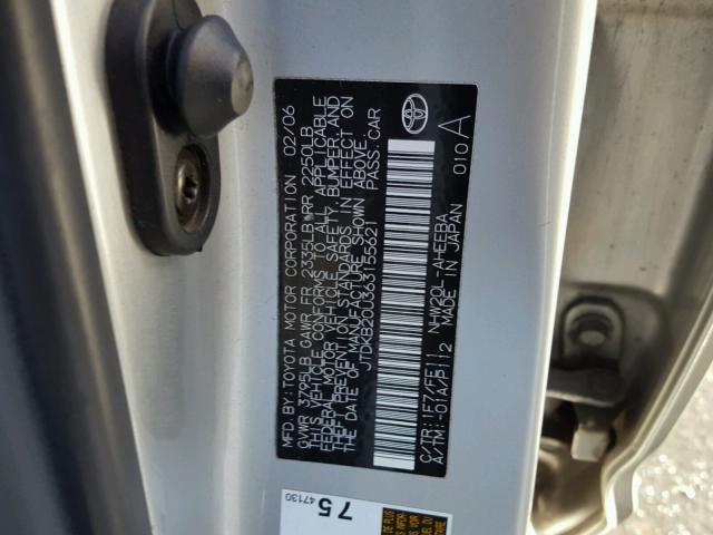 JTDKB20U363155621 - 2006 TOYOTA PRIUS SILVER photo 10