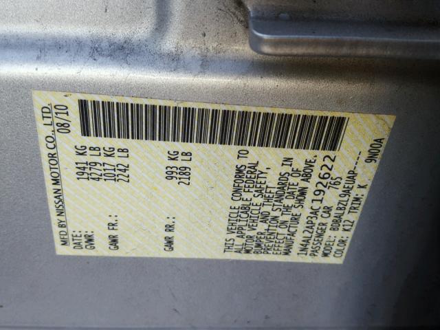 1N4AL2AP3AC192622 - 2010 NISSAN ALTIMA BAS SILVER photo 10