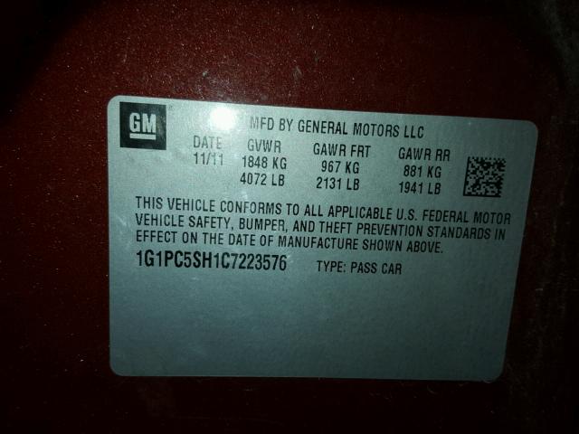 1G1PC5SH1C7223576 - 2012 CHEVROLET CRUZE LS BURGUNDY photo 10