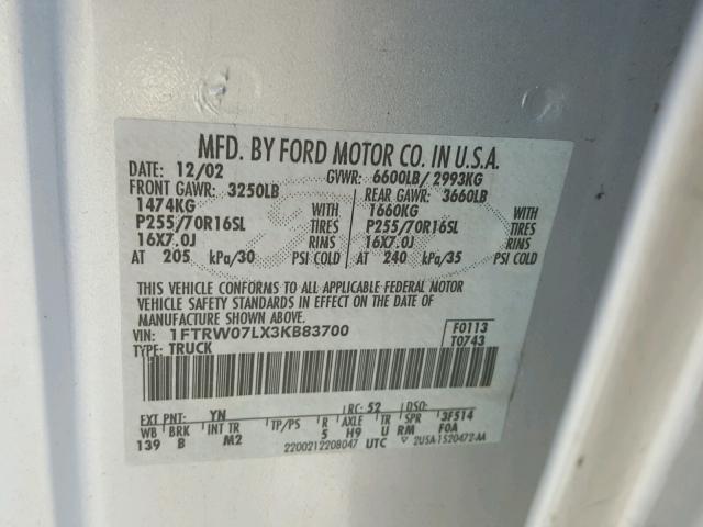 1FTRW07LX3KB83700 - 2003 FORD F150 SUPER SILVER photo 10