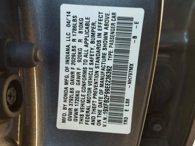 19XFB2F99EE236392 - 2014 HONDA CIVIC EXL 灰色 照片 10