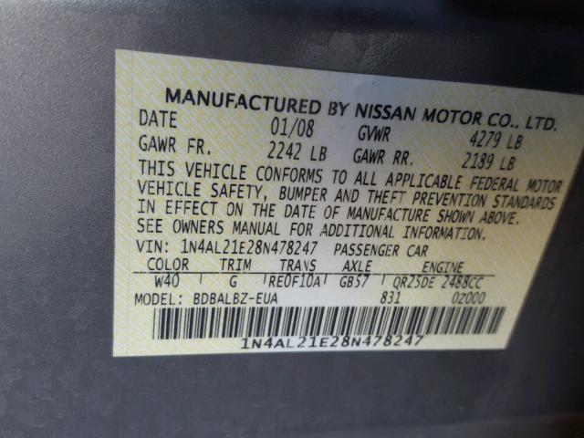 1N4AL21E28N478247 - 2008 NISSAN ALTIMA 2.5 SILVER photo 10