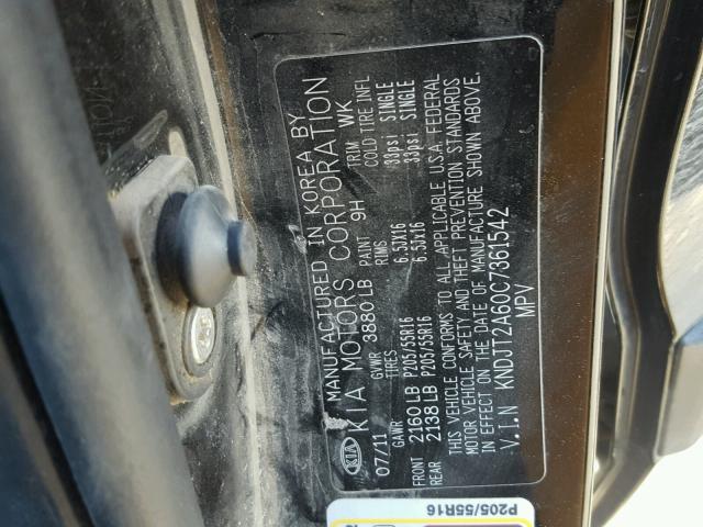 KNDJT2A60C7361542 - 2012 KIA SOUL + BLACK photo 10