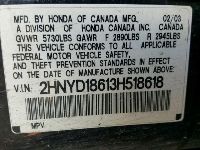 2HNYD18613H518618 - 2003 ACURA MDX TOURIN BLACK photo 10