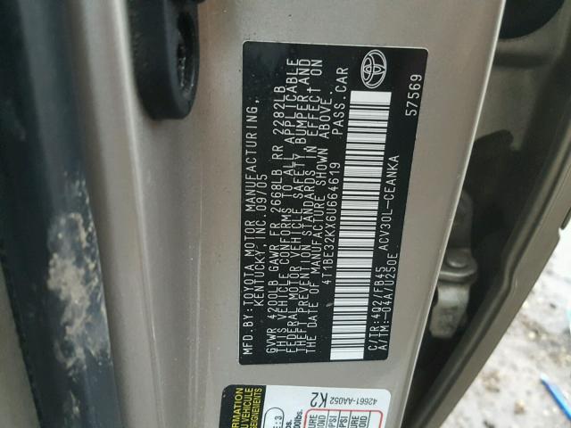 4T1BE32KX6U664619 - 2006 TOYOTA CAMRY LE GOLD photo 10