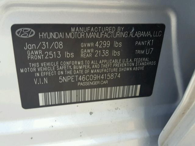 5NPET46C09H415874 - 2009 HYUNDAI SONATA GLS SILVER photo 10