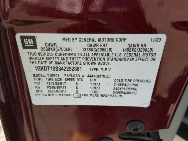 1GKDT13S842252881 - 2004 GMC ENVOY RED photo 10