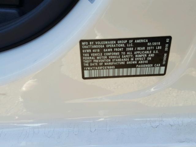 1VWAT7A33FC076863 - 2015 VOLKSWAGEN PASSAT S Weiß Foto 10