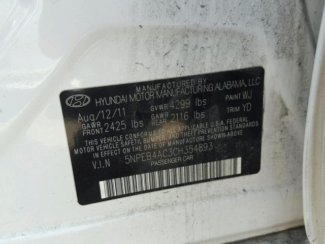 5NPEB4AC3CH354893 - 2012 HYUNDAI SONATA GLS WHITE photo 10