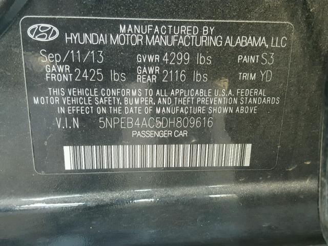 5NPEB4AC5DH809616 - 2013 HYUNDAI SONATA GLS BLACK photo 10