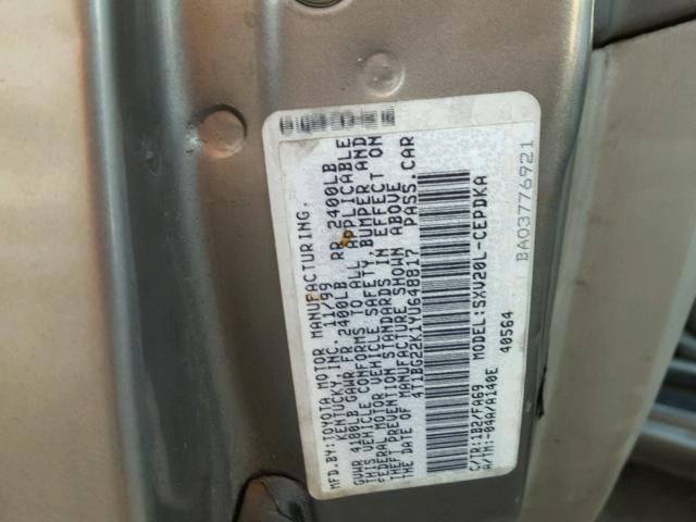 4T1BG22K1YU648817 - 2000 TOYOTA CAMRY CE GRAY photo 10