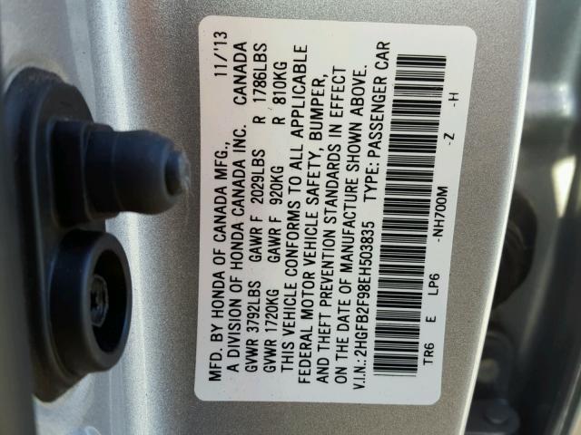 2HGFB2F98EH503835 - 2014 HONDA CIVIC EXL SILVER photo 10