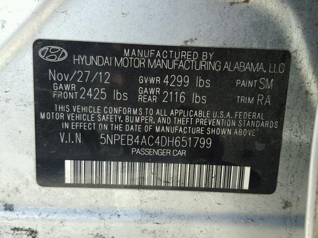 5NPEB4AC4DH651799 - 2013 HYUNDAI SONATA GLS SILVER photo 10