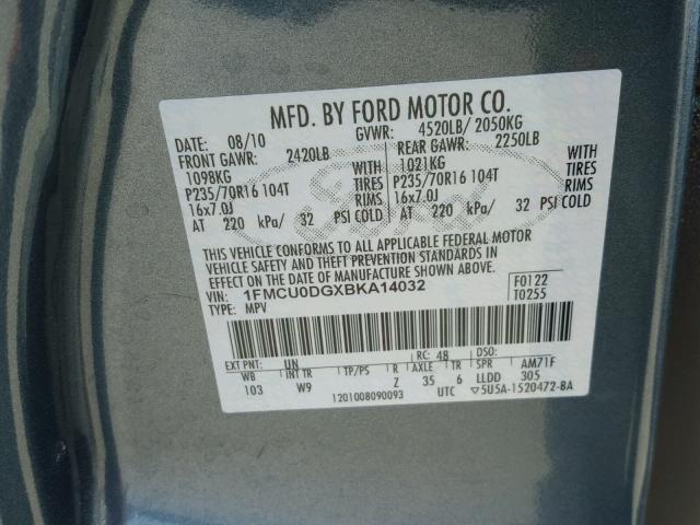 1FMCU0DGXBKA14032 - 2011 FORD ESCAPE XLT BLUE photo 10