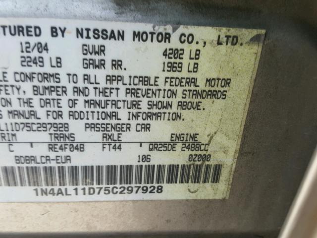 1N4AL11D75C297928 - 2005 NISSAN ALTIMA S GOLD photo 10