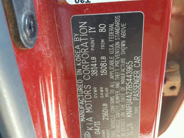 KNAFU4A27B5443965 - 2011 KIA FORTE EX RED photo 10