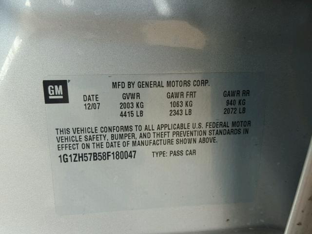 1G1ZH57B58F180047 - 2008 CHEVROLET MALIBU 1LT 银色 照片 10