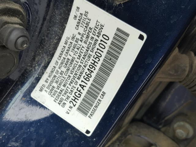 2HGFA16649H501010 - 2009 HONDA CIVIC BLUE photo 10