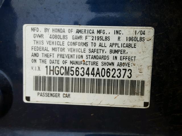 1HGCM56344A062373 - 2004 HONDA ACCORD LX BLUE photo 10