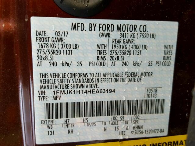 1FMJK1HT4HEA63194 - 2017 FORD EXPEDITION MAROON photo 10