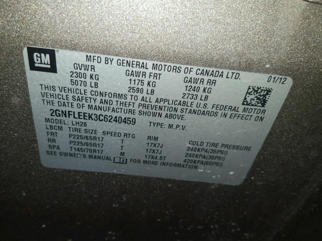 2GNFLEEK3C6240459 - 2012 CHEVROLET EQUINOX LT GRAY photo 10