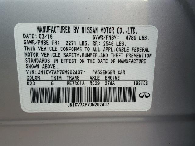 JN1CV7AP7GM202407 - 2016 INFINITI Q50 BASE Plata foto 10