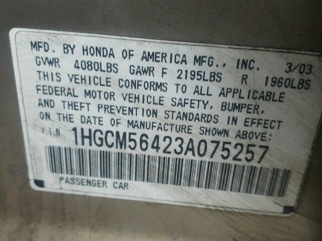 1HGCM56423A075257 - 2003 HONDA ACCORD LX GOLD photo 10