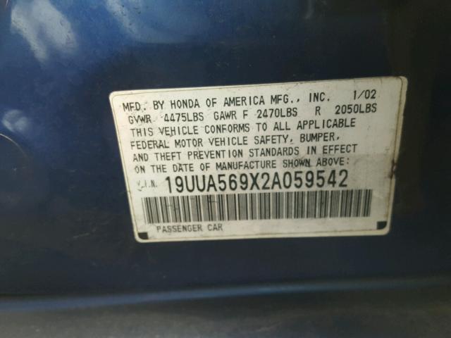 19UUA569X2A059542 - 2002 ACURA 3.2TL TYPE BLUE photo 10