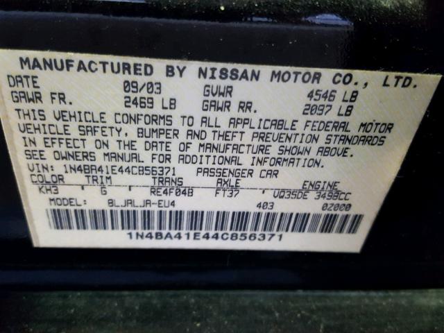 1N4BA41E44C856371 - 2004 NISSAN MAXIMA SE BLACK photo 10