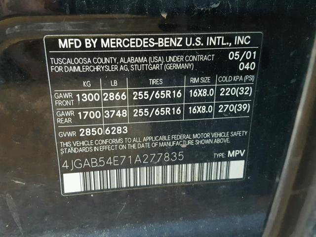 4JGAB54E71A277835 - 2001 MERCEDES-BENZ ML 320 BLACK photo 10