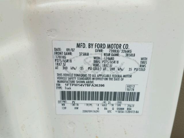 1FTPW14V78FA36396 - 2008 FORD F150 SUPER WHITE photo 10