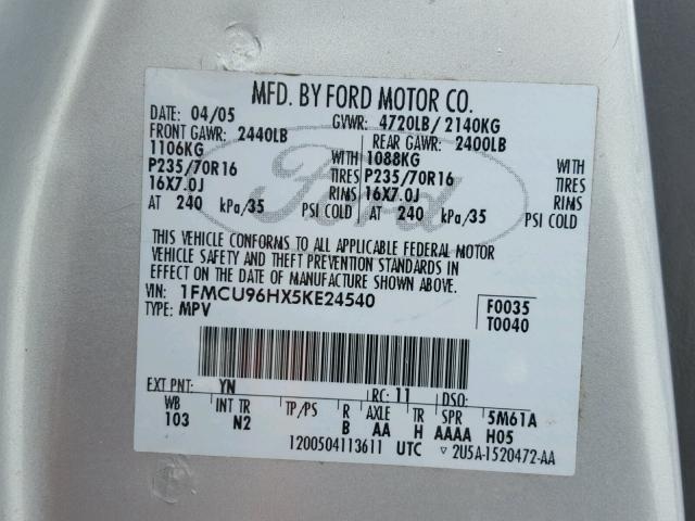 1FMCU96HX5KE24540 - 2005 FORD ESCAPE HEV GRAY photo 10