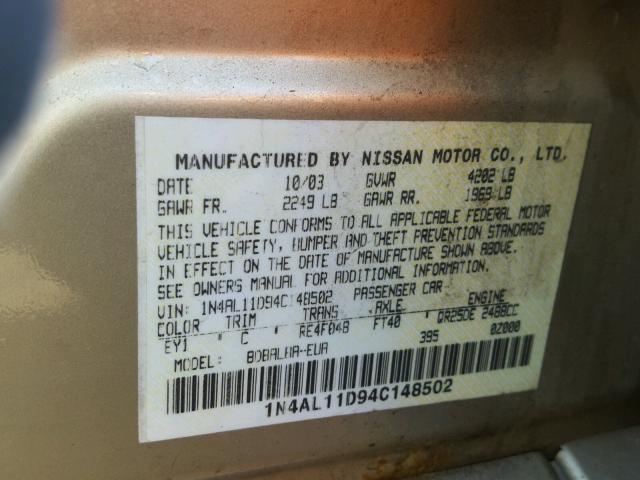 1N4AL11D94C148502 - 2004 NISSAN ALTIMA BAS GOLD photo 10