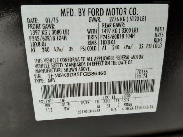 1FM5K8D85FGB86466 - 2015 FORD EXPLORER X BLACK photo 10