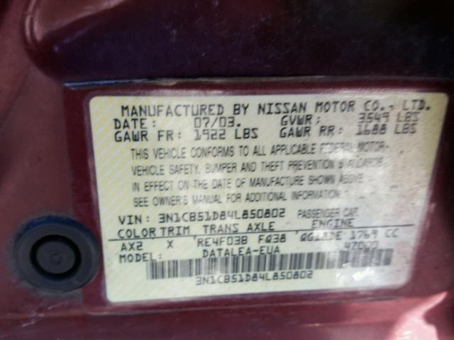 3N1CB51D84L850802 - 2004 NISSAN SENTRA 1.8 RED photo 10