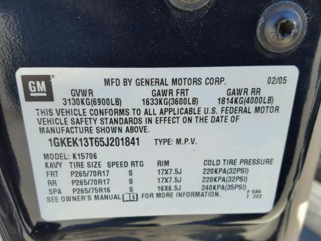 1GKEK13T65J201841 - 2005 GMC YUKON BLUE photo 10